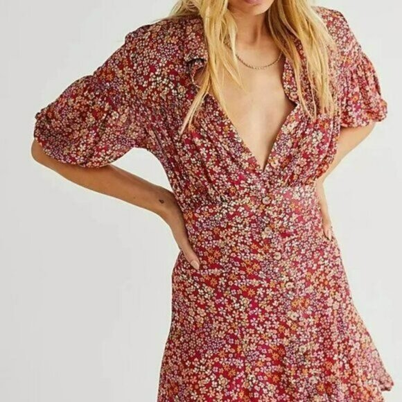 Free People floral print plunge mini dress with half sleeves size medium NWTs - Picture 11 of 12